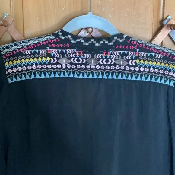 Johnny Was black embroidered floral ling sleeve cupra tunic top - Picture 7 of 9